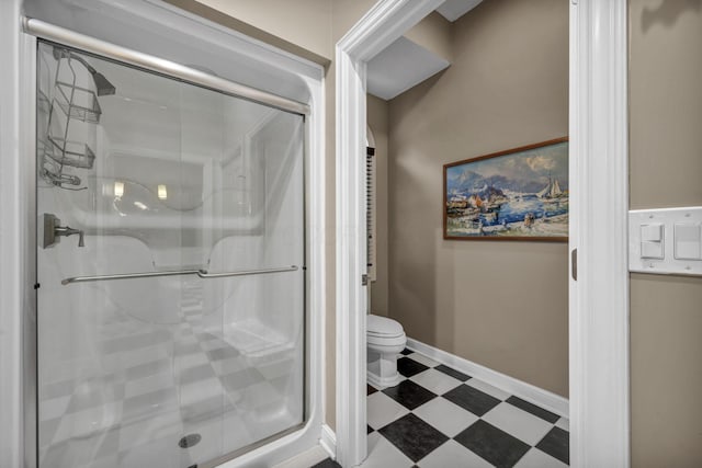 3720 Hyatts Rd, Powell, OH 43065 - bathroom featuring tile patterned floors, toilet, a stall shower, and baseboards