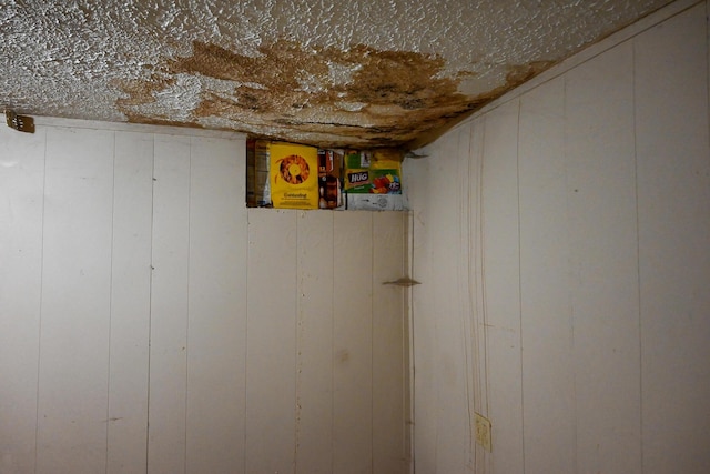 finished basement featuring wood walls
