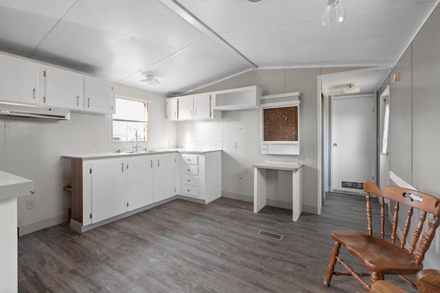 376 Benton Rd, Sycamore, OH 44882 - kitchen with lofted ceiling, a sink, dark wood finished floors, white cabinets, and light countertops