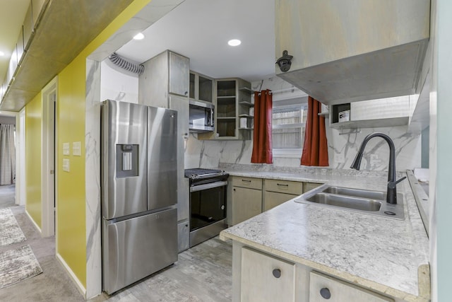 54780 Opossum Run Rd, Senecaville, OH 43780 - kitchen with stainless steel appliances, open shelves, a sink, light countertops, and recessed lighting