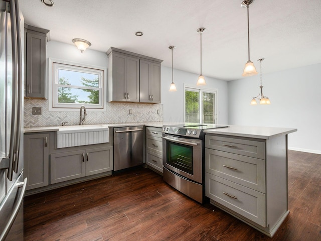 3182 Grey Fox Dr, Columbus, OH 43230 - kitchen featuring stainless steel appliances, gray cabinetry, a peninsula, a sink, and tasteful backsplash