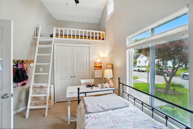 286 Rosslyn Ave, Columbus, OH 43214 - bedroom featuring light colored carpet, baseboards, a towering ceiling, and a closet