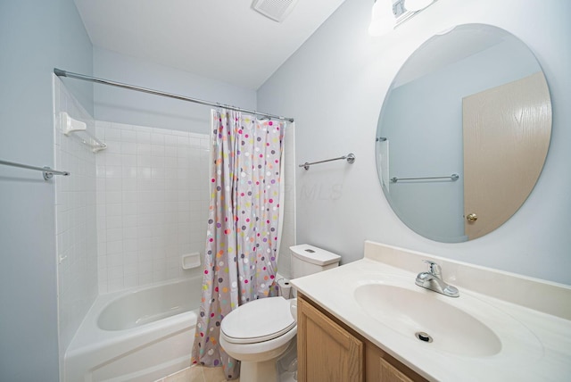 full bathroom with toilet, shower / bathtub combination with curtain, and vanity