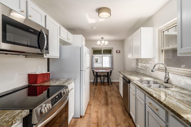 kitchen featuring appliances with stainless steel finishes, a sink, decorative backsplash, and white cabinetry