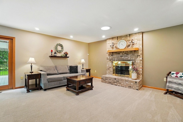 7227 Stemen Rd, Pickerington, OH 43147 - living area featuring carpet flooring, a brick fireplace, baseboards, and recessed lighting