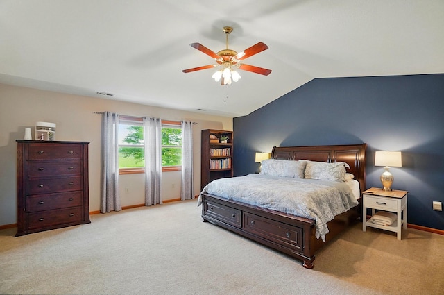 7227 Stemen Rd, Pickerington, OH 43147 - bedroom with vaulted ceiling, light colored carpet, baseboards, and a ceiling fan