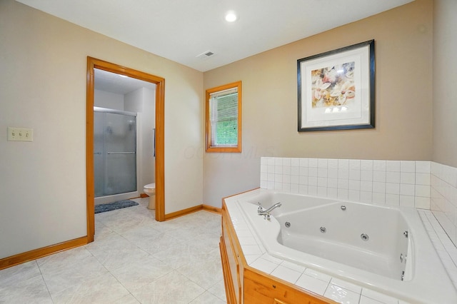 7227 Stemen Rd, Pickerington, OH 43147 - bathroom featuring baseboards, toilet, a shower stall, tile patterned floors, and a whirlpool tub