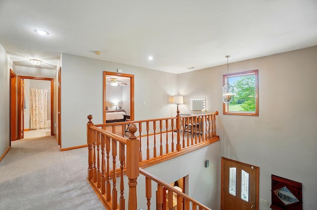 7227 Stemen Rd, Pickerington, OH 43147 - hallway featuring an upstairs landing, light carpet, baseboards, and recessed lighting