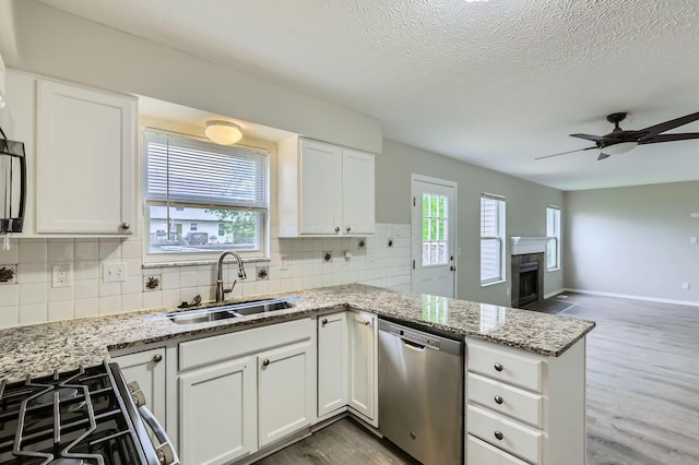 kitchen featuring stainless steel dishwasher, a sink, a peninsula, decorative backsplash, and ceiling fan