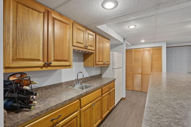 7235 Ballou Rd, Heath, OH 43056 - kitchen featuring a sink, freestanding refrigerator, dark countertops, and light wood-style flooring