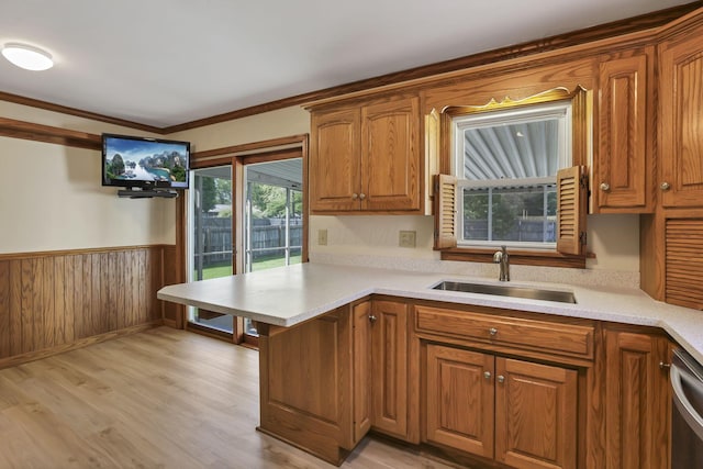 206 Goose Pond Rd, Newark, OH 43055 - kitchen featuring a sink, light countertops, brown cabinetry, light wood-style flooring, and wainscoting