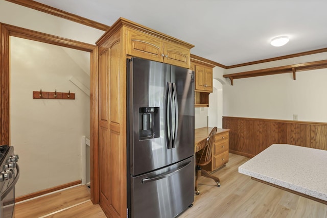 206 Goose Pond Rd, Newark, OH 43055 - kitchen featuring appliances with stainless steel finishes, wainscoting, light wood-type flooring, crown molding, and light stone countertops