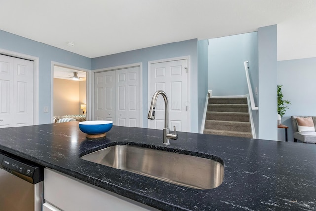 225 Reeb Ave, Columbus, OH 43207 - kitchen featuring stainless steel dishwasher and dark stone counters