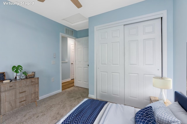 225 Reeb Ave, Columbus, OH 43207 - bedroom featuring carpet flooring, attic access, a closet, and a ceiling fan