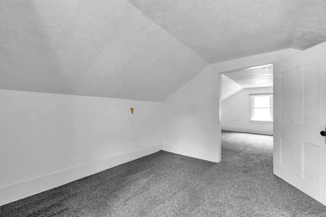 221 W Mulberry St, Baltimore, OH 43105 - additional living space featuring a textured ceiling, dark colored carpet, and vaulted ceiling