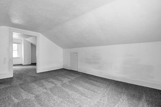 221 W Mulberry St, Baltimore, OH 43105 - bonus room featuring a textured ceiling, vaulted ceiling, dark colored carpet, and baseboards