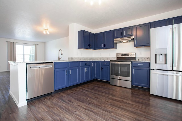 960 Hartford Village Blvd, Columbus, OH 43228 - kitchen with appliances with stainless steel finishes, blue cabinetry, under cabinet range hood, and a peninsula