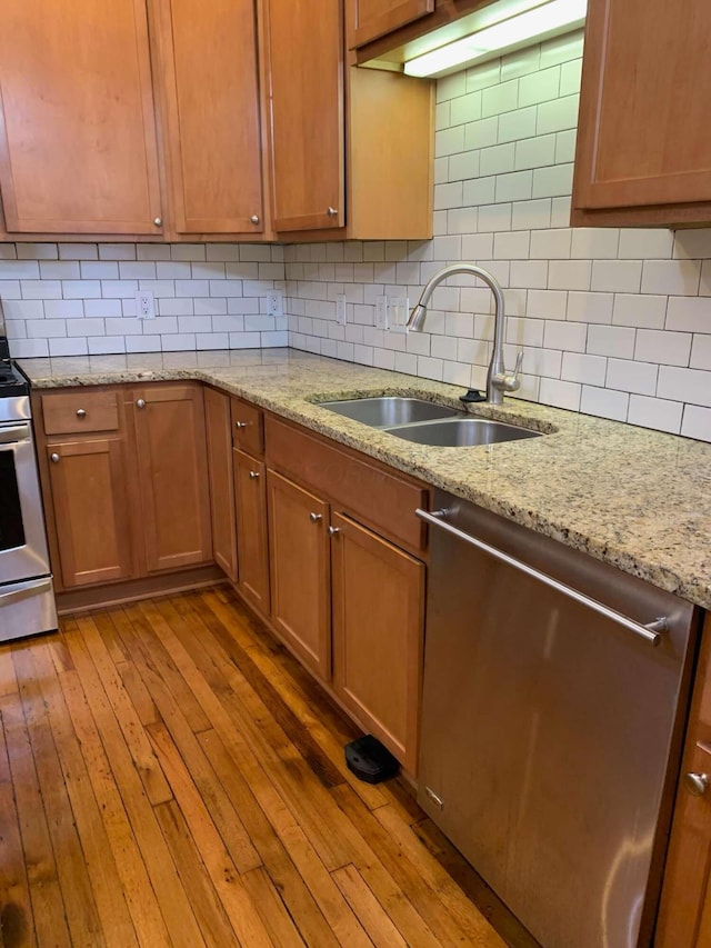 204-206 E Blenkner St, Columbus, OH 43206 - kitchen with stainless steel appliances, a sink, hardwood / wood-style flooring, tasteful backsplash, and light stone counters