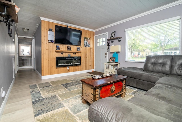 2806 Claude Dr, Columbus, OH 43207 - living area with crown molding, wood walls, baseboards, wood finished floors, and a glass covered fireplace
