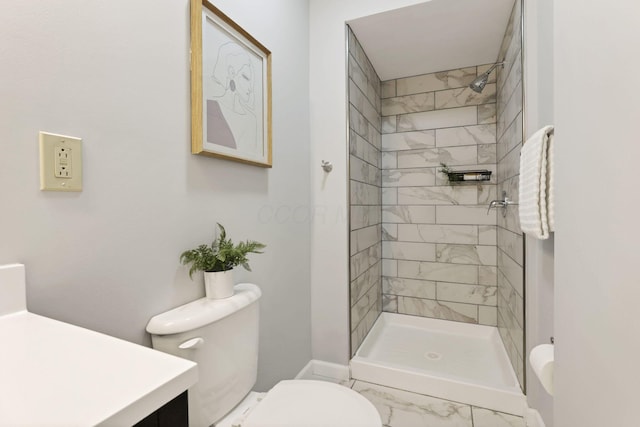 255 E Kelso Rd, Columbus, OH 43202 - bathroom featuring marble finish flooring, toilet, a stall shower, vanity, and baseboards