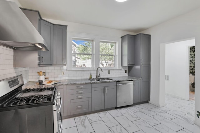 255 E Kelso Rd, Columbus, OH 43202 - kitchen with appliances with stainless steel finishes, wall chimney range hood, a sink, and gray cabinets