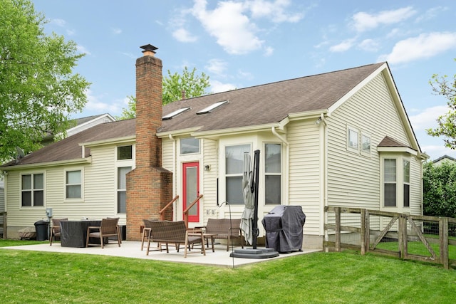 890 Brockwell Dr, Westerville, OH 43081 - rear view of property with outdoor lounge area, a chimney, a patio, and roof with shingles