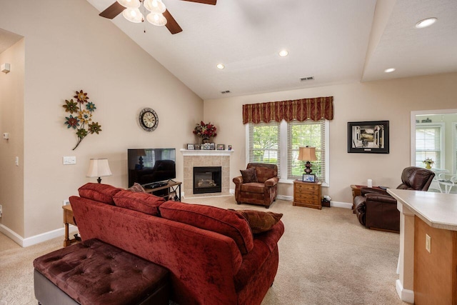 4 Claire Ct, Circleville, OH 43113 - living room with light colored carpet, ceiling fan, a fireplace, baseboards, and recessed lighting