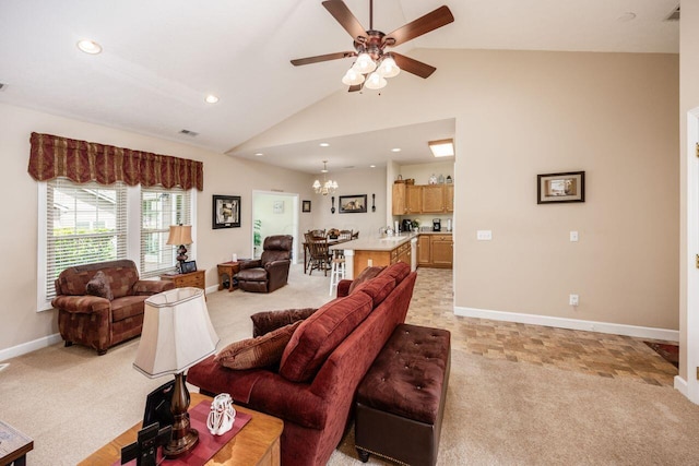 4 Claire Ct, Circleville, OH 43113 - living area featuring light colored carpet, baseboards, ceiling fan, recessed lighting, and a chandelier