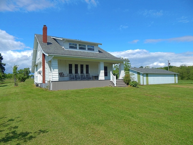 2705 County Road 118, Rushsylvania, OH 43347 - bungalow with covered porch, a chimney, a front yard, and a shingled roof