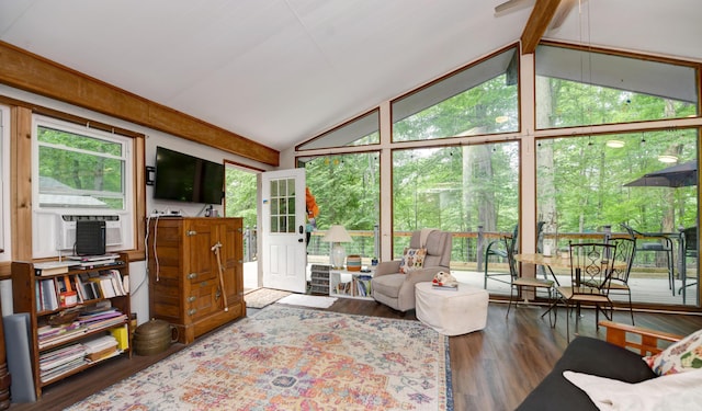 1160 Flathead Ln, Sugar Grove, OH 43155 - living room with healthy amount of natural light, wood finished floors, a wall of windows, high vaulted ceiling, and cooling unit