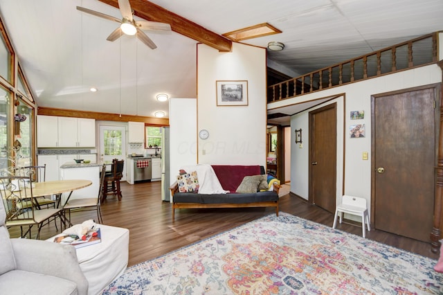 1160 Flathead Ln, Sugar Grove, OH 43155 - living area featuring a ceiling fan, high vaulted ceiling, dark wood-style flooring, and beamed ceiling