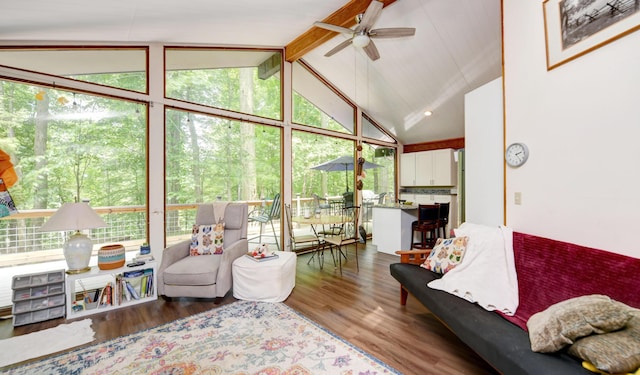 1160 Flathead Ln, Sugar Grove, OH 43155 - living area featuring ceiling fan, wood finished floors, beam ceiling, and high vaulted ceiling