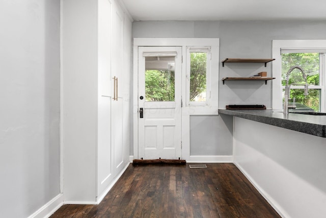 1369 Meadow Rd, Columbus, OH 43212 - doorway to outside with a sink, dark wood finished floors, and baseboards