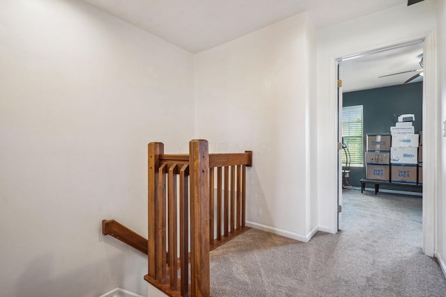 staircase featuring carpet and baseboards