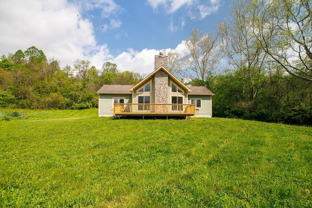 7885 Upper Twin Rd, South Salem, OH 45681 - rear view of house featuring a wooden deck, a yard, and a chimney