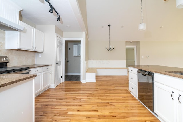 7885 Upper Twin Rd, South Salem, OH 45681 - kitchen featuring stainless steel electric range, dishwasher, wall chimney exhaust hood, light wood finished floors, and white cabinetry