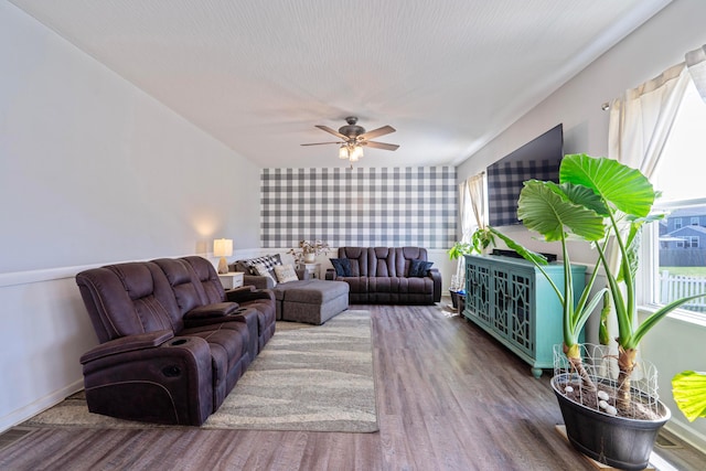 331 Hardwood Ave, Circleville, OH 43113 - living room with wood finished floors, wallpapered walls, a ceiling fan, and baseboards