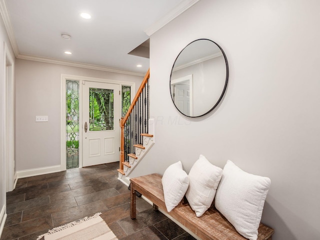 foyer entrance with stone tile flooring, baseboards, ornamental molding, recessed lighting, and stairway