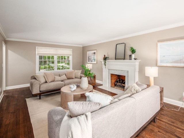 living room with baseboards, crown molding, dark wood finished floors, and a premium fireplace