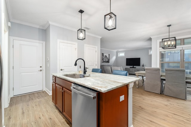 243 Parkgate Ct, Delaware, OH 43015 - kitchen with a sink, dishwasher, light wood-style floors, crown molding, and decorative light fixtures
