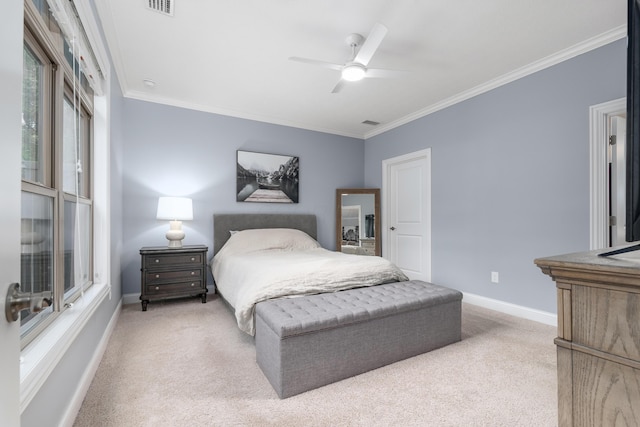 243 Parkgate Ct, Delaware, OH 43015 - bedroom featuring light colored carpet, ornamental molding, baseboards, and a ceiling fan