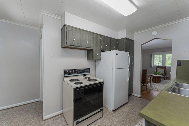 832 Oxley Rd, Columbus, OH 43212 - kitchen featuring white appliances, ornamental molding, baseboards, light floors, and a sink