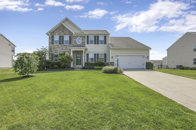 135 Tassel View St, Pataskala, OH 43062 - view of front of home with stone siding, a garage, concrete driveway, and a front lawn