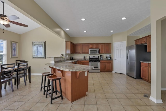 135 Tassel View St, Pataskala, OH 43062 - kitchen featuring stainless steel appliances, a peninsula, a sink, a ceiling fan, and vaulted ceiling