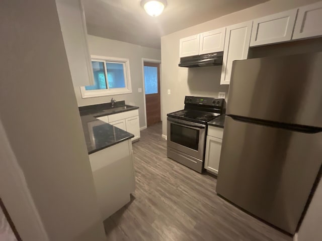1227 Hart Rd, Columbus, OH 43223 - kitchen featuring appliances with stainless steel finishes, under cabinet range hood, a sink, wood finished floors, and white cabinets