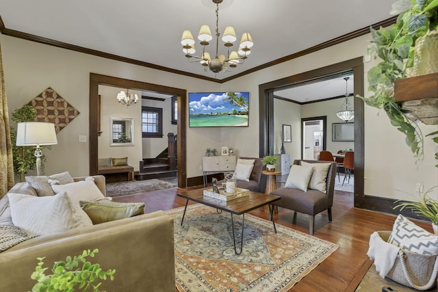 1041 Franklin Ave, Columbus, OH 43205 - living area featuring a chandelier, wood finished floors, crown molding, stairs, and baseboards