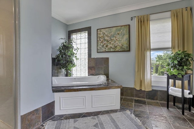 1041 Franklin Ave, Columbus, OH 43205 - full bath with stone tile flooring, a garden tub, and ornamental molding