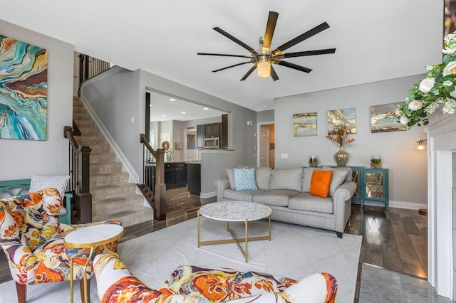 5119 Butterworth Green Dr, New Albany, OH 43054 - living room featuring ceiling fan, stairs, wood finished floors, baseboards, and recessed lighting