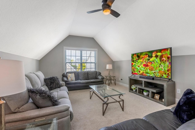 5119 Butterworth Green Dr, New Albany, OH 43054 - carpeted living area featuring lofted ceiling, a ceiling fan, and baseboards