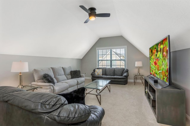 5119 Butterworth Green Dr, New Albany, OH 43054 - carpeted living room with vaulted ceiling, a ceiling fan, and baseboards